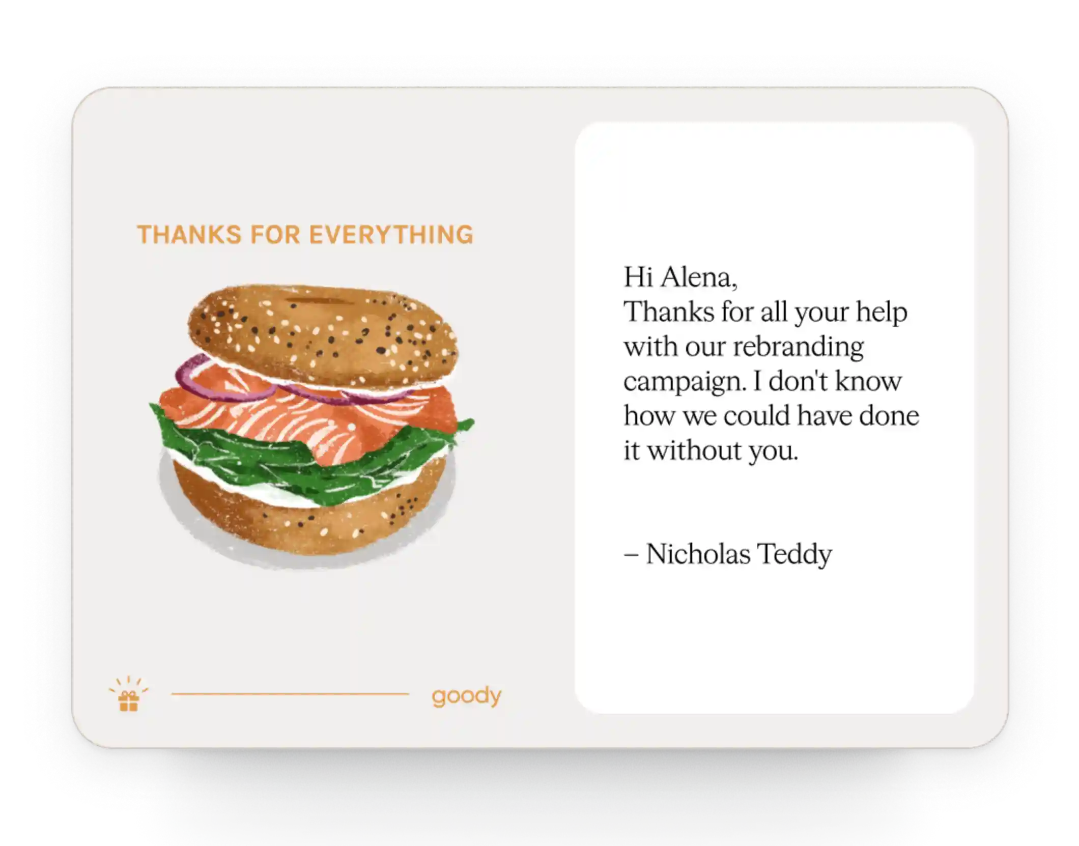 Digital greeting card featuring bagels with cream cheese and a message