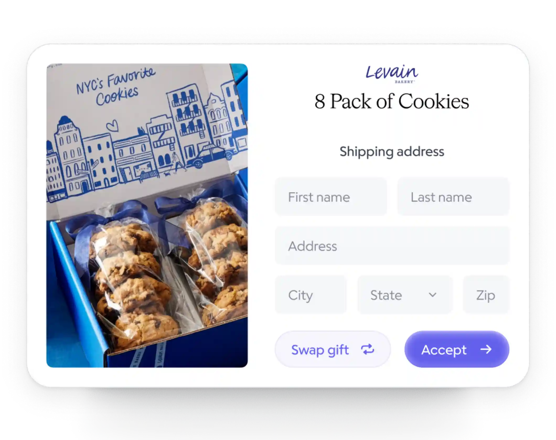 Recipient form showing Levain cookie gift with shipping address fields
