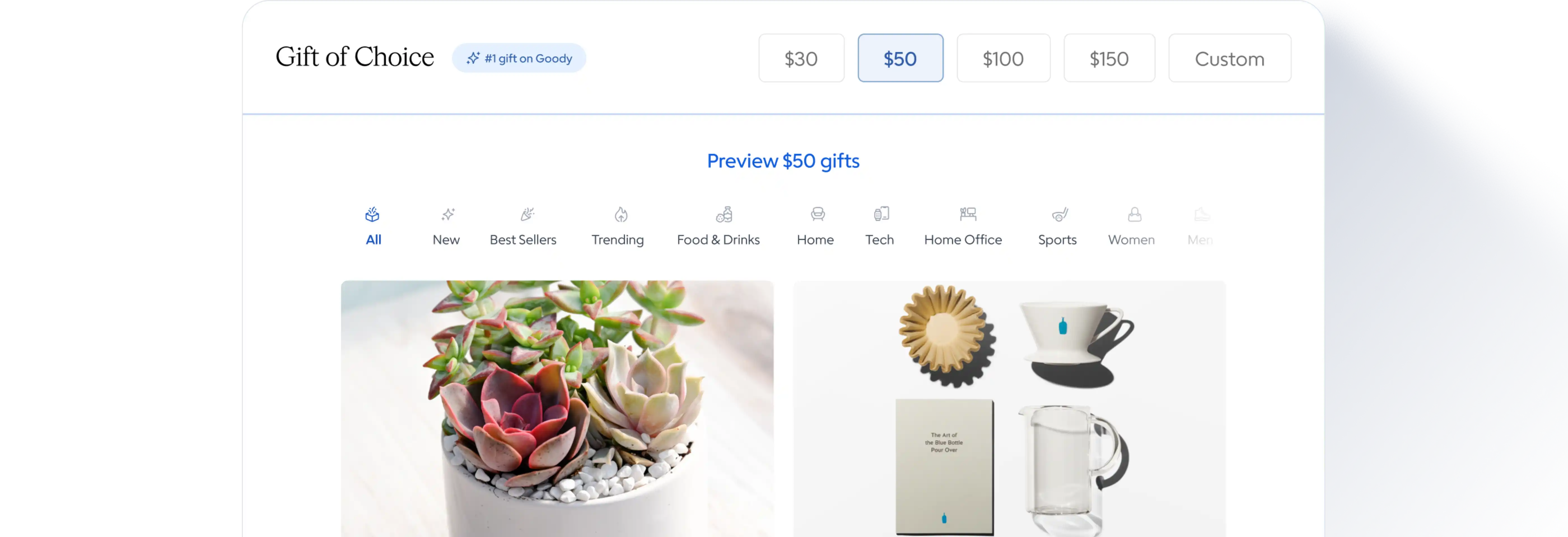 Gift of Choice preview showing $50 gift options