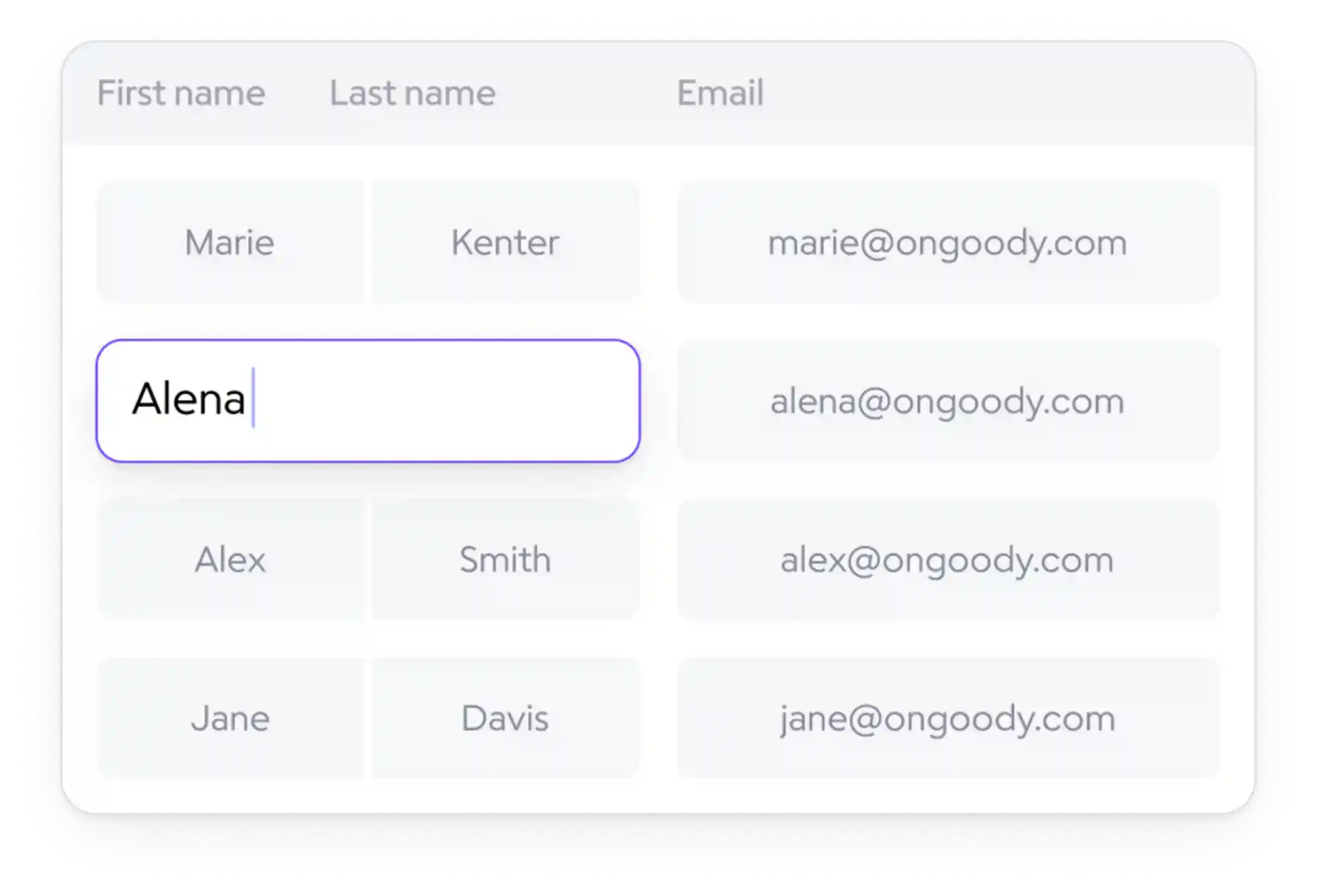 Recipient form showing email addresses being entered including marie@ongoody.com, alena@ongoody.com, alex@ongoody.com, and jane@ongoody.com