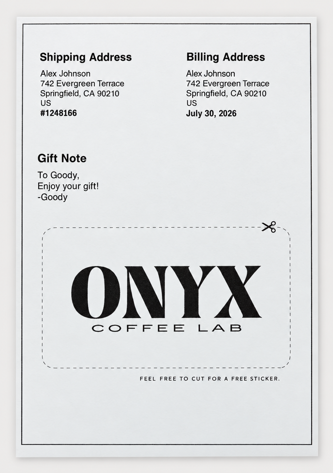 Onyx Coffee Lab printed gift note example