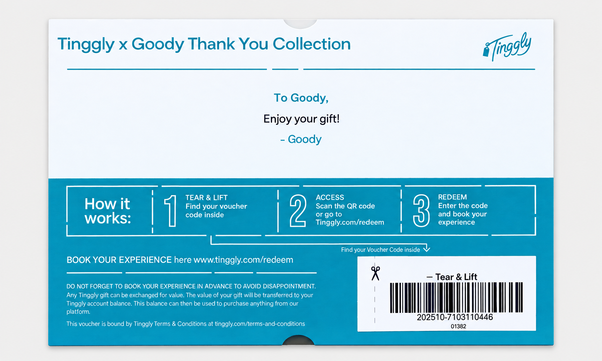 Tinggly printed gift note example