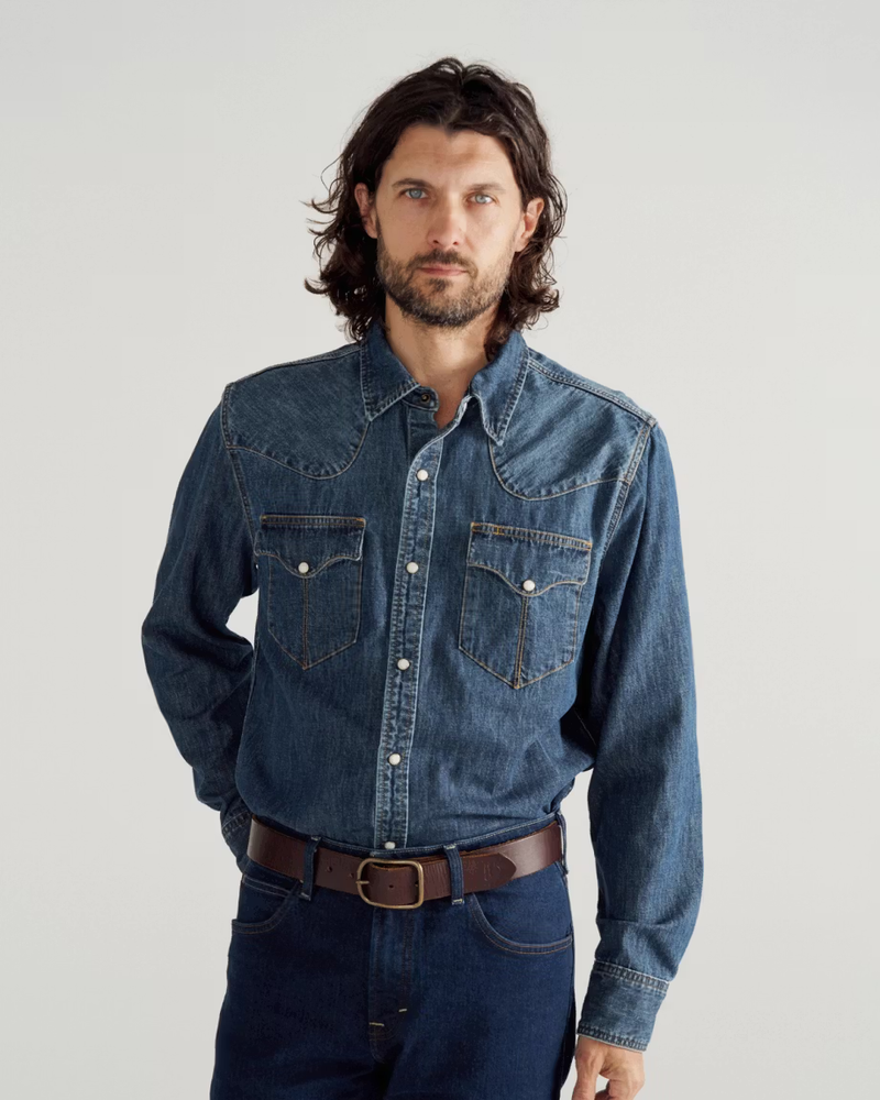 Men's Denim Long Sleeve Pearl Snap Shirt, Dark Wash