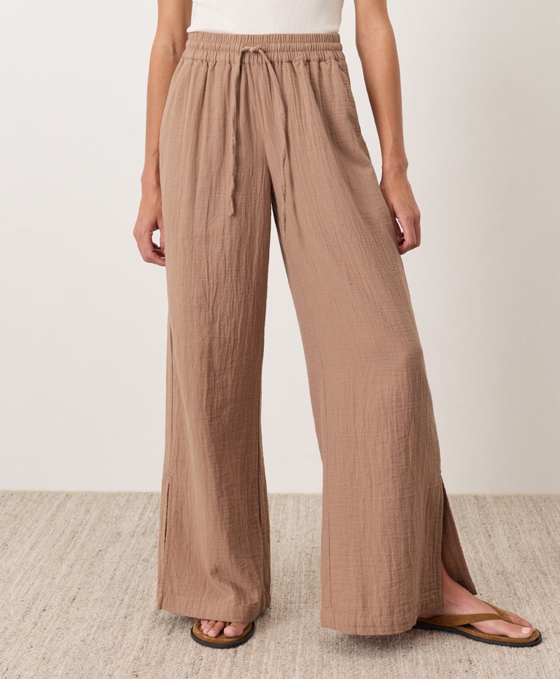 Women's Organic Coastal Double Gauze Split Hem Pant, Driftwood Brown