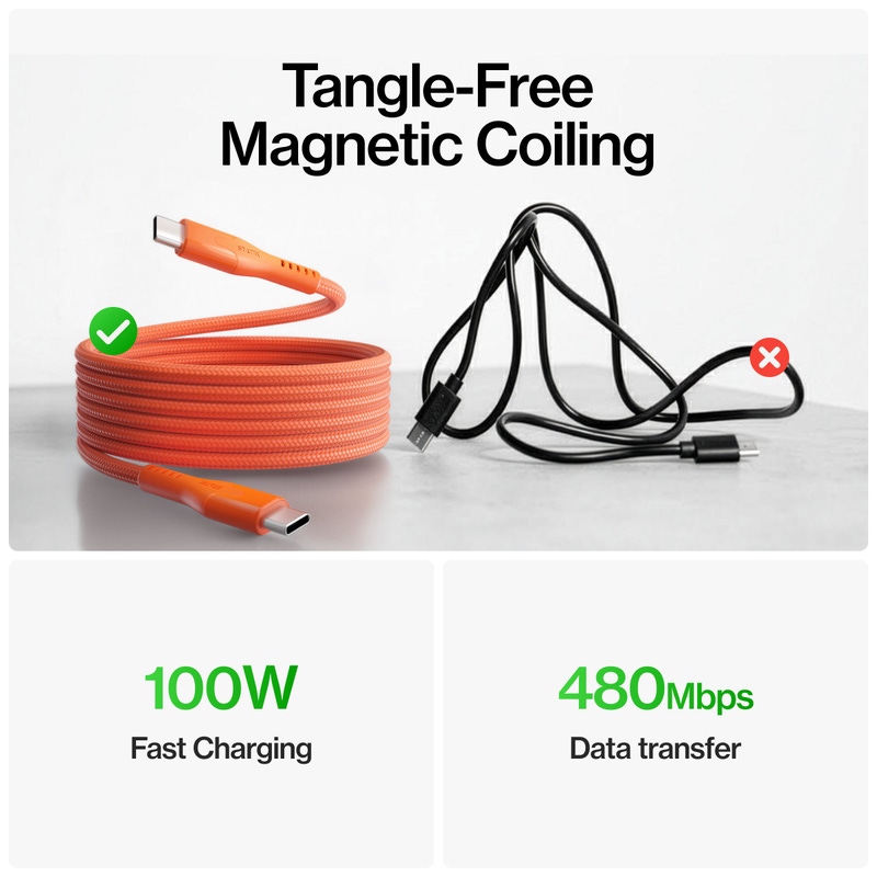 MagStack&nbsp;Pro Auto-Coiling USB-C to USB-C 3.3' Cable