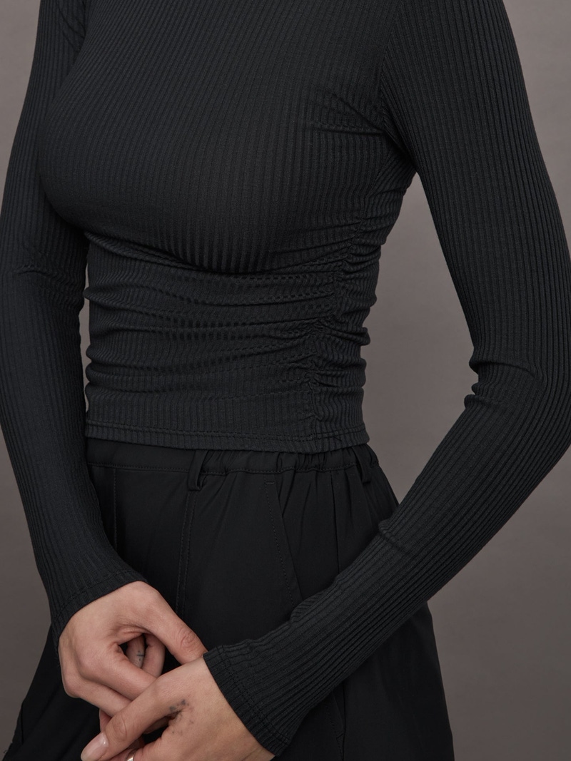 Long Sleeve Ruched Top in Ribbed Jersey, Black