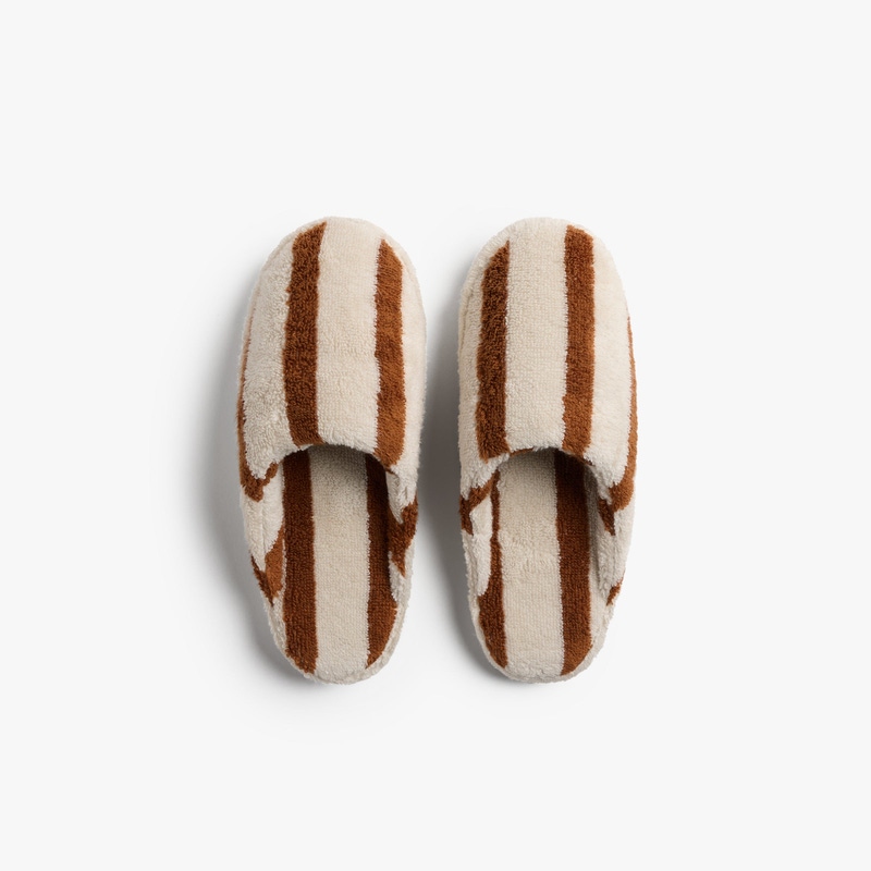 Terry Stripe Slippers, Bone and Tobacco