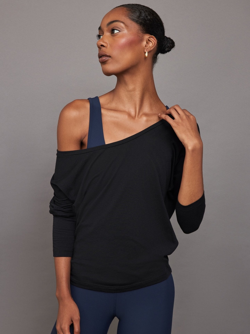 Long Sleeve Off Shoulder Tee, Black
