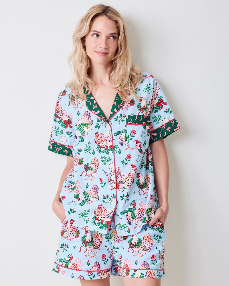 Short PJ Set in Holiday Hens, Pale Blue