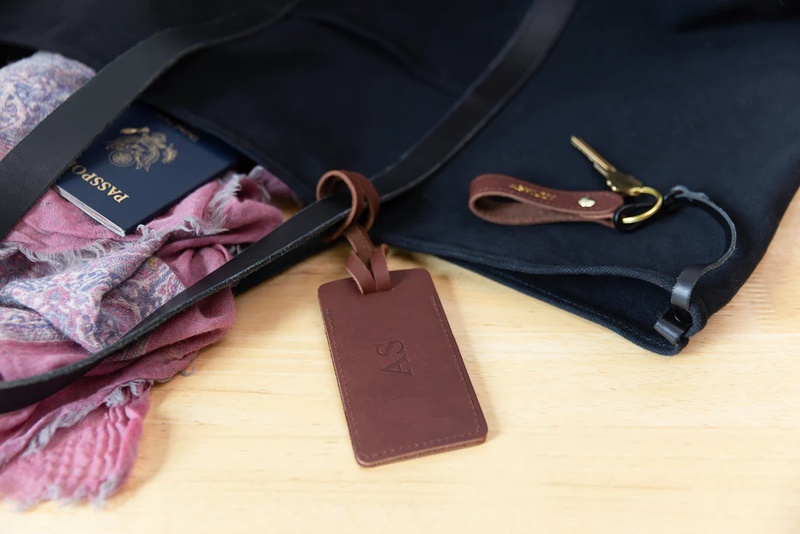 Monogrammed Sewn Leather Luggage Tag