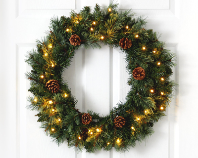 24” White Mountain Pine Artificial Christmas Wreath with LED Lights and Pinecones