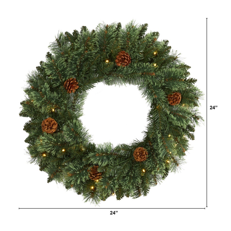 24” White Mountain Pine Artificial Christmas Wreath with LED Lights and Pinecones