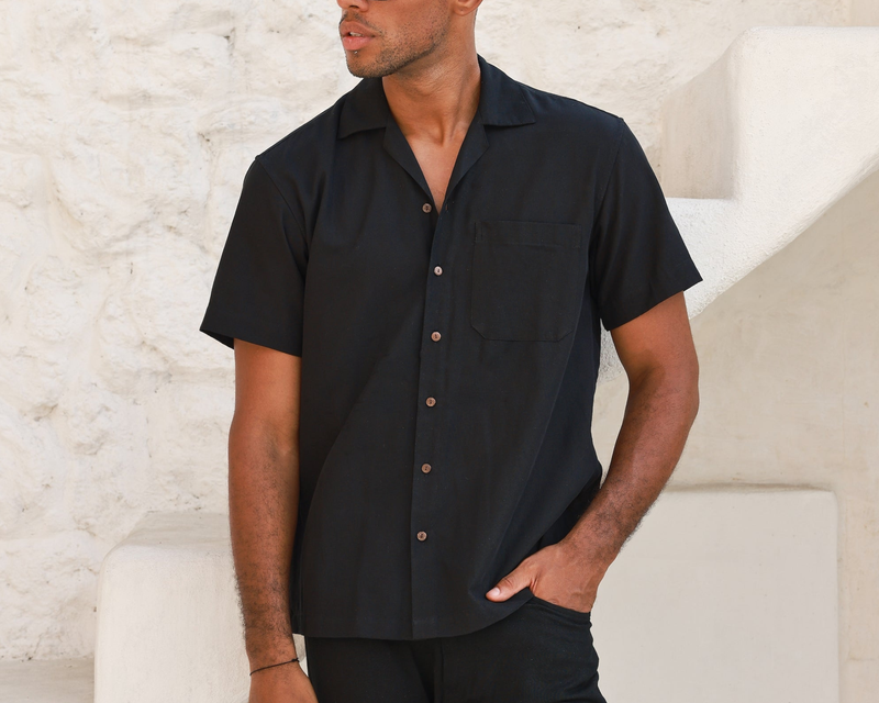 The Mykonos Black Linen Camp Collar Shirt