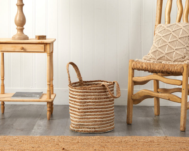 14" Boho Chic Handwoven Natural Cotton and Jute Basket