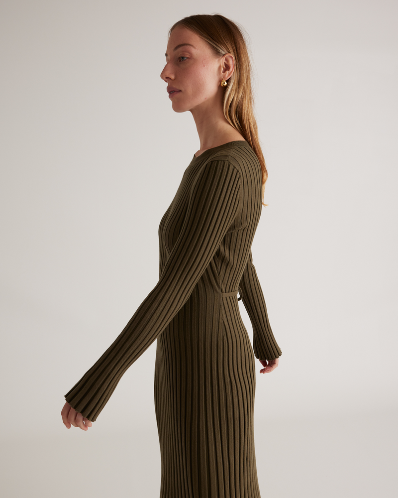 Cotton Cashmere Ribbed Long Sleeve Crew Midi Dress