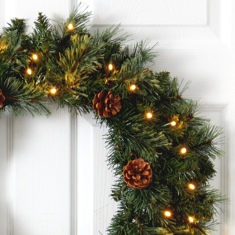 24” White Mountain Pine Artificial Christmas Wreath with LED Lights and Pinecones