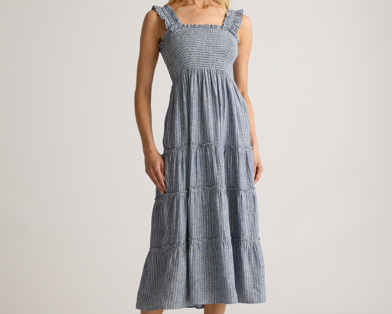 100% European Linen Smocked Midi Dress