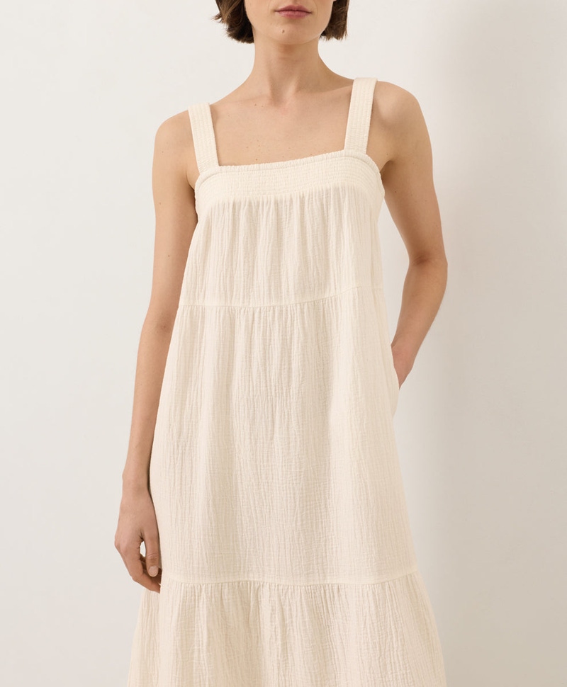Women's Organic Coastal Double Gauze Strappy Tiered Maxi Dress, Cream