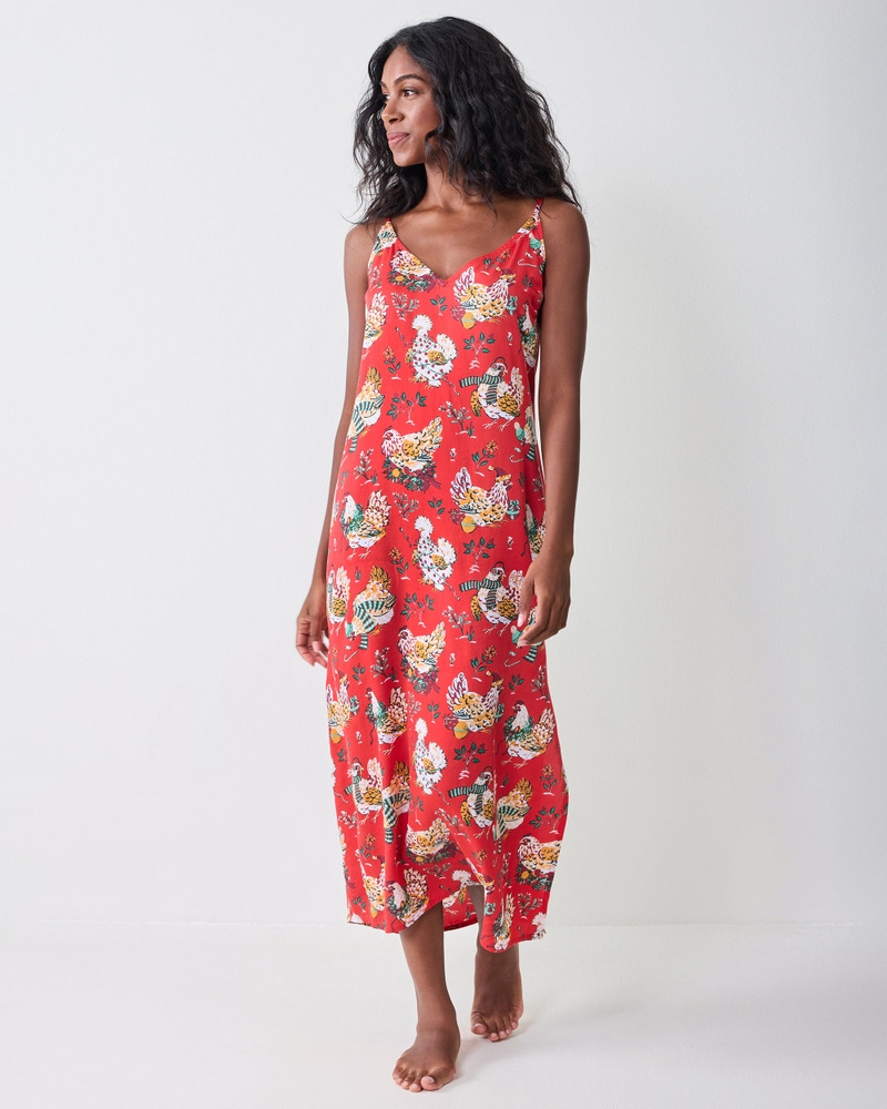 Eco Satin Chic to Sleep Nightie in Holiday Hens, Red Stocking