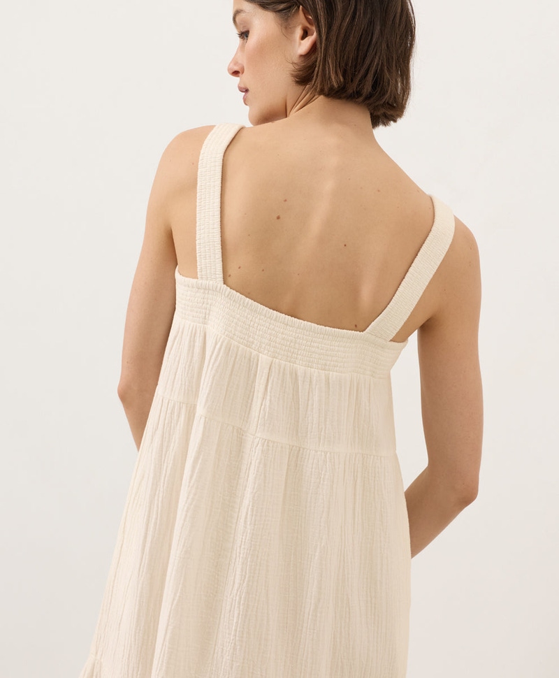 Women's Organic Coastal Double Gauze Strappy Tiered Maxi Dress, Cream