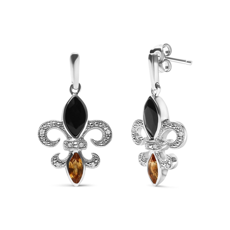 Sterling Silver Marquise Cut Onyx and Citrine with Diamond Accent Fleur De Lis Drop Stud Earrings