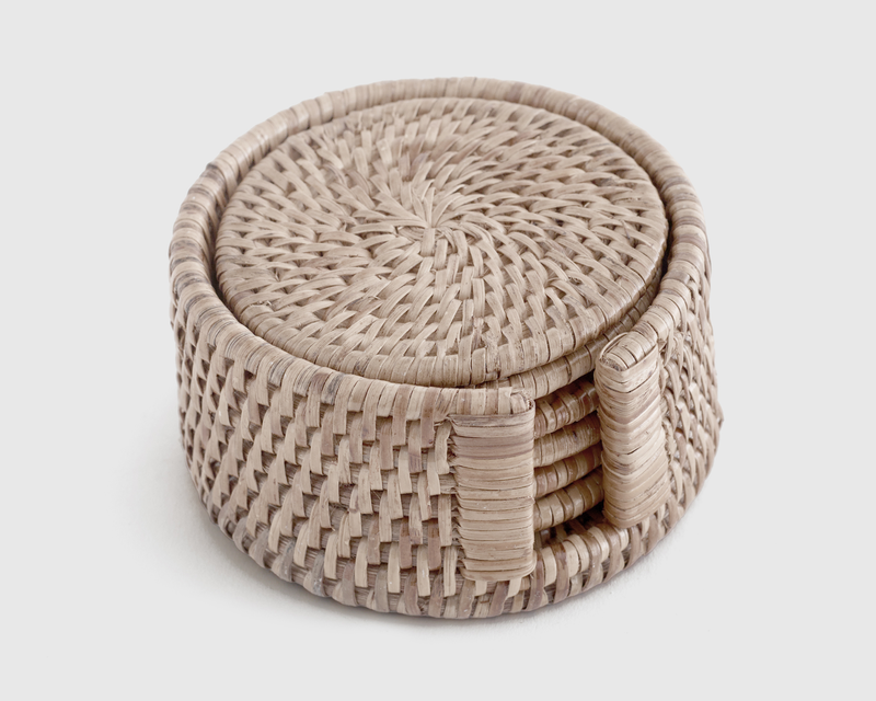7 Piece Round Rattan Coaster Set