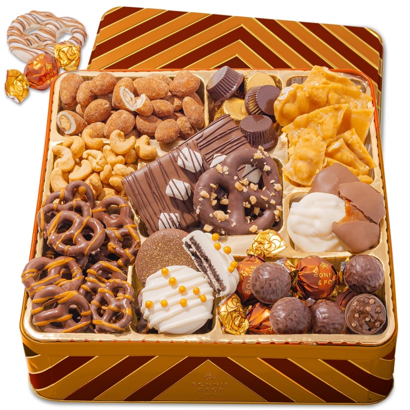Deluxe Thanksgiving Gift Box with Gourmet Chocolate & Nut Assortment in Gold Tin