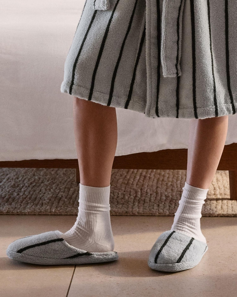 Turkish Cotton Stripe Slippers, Sky with Evergreen