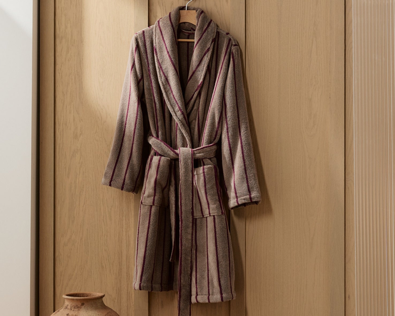 Turkish Cotton Stripe Robe, Warm Grey with Garnet