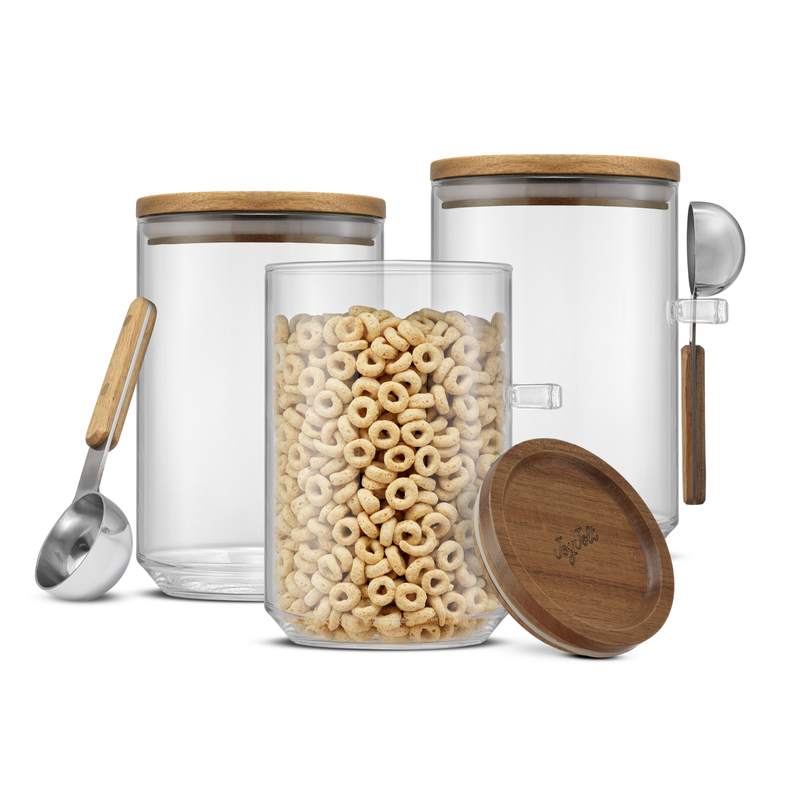 Stackable Glass Storage Canister Set with Wood Lids and Scoops