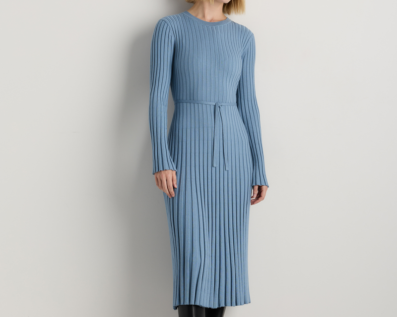 Cotton Cashmere Ribbed Long Sleeve Crew Midi Dress