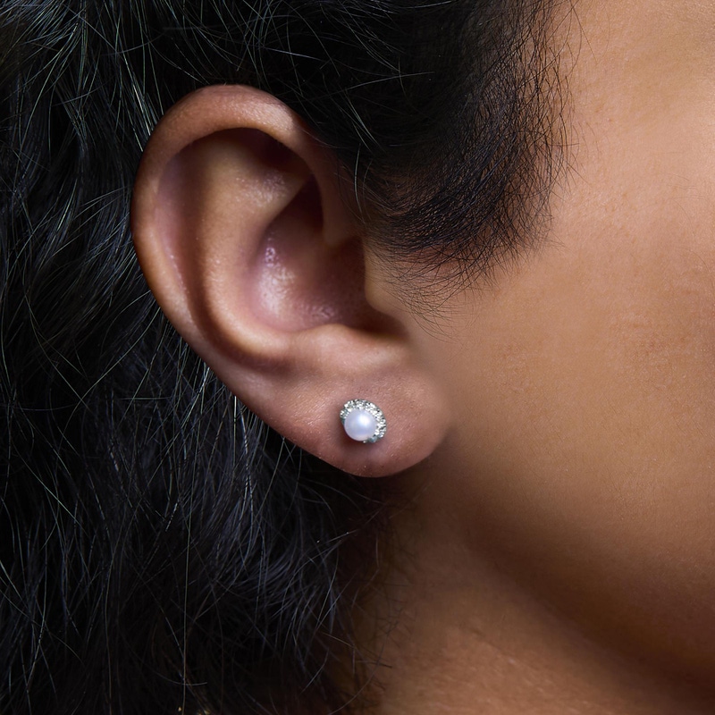 10K White Gold Cultured Freshwater Pearl & 1/7 Cttw Diamond Halo Stud Earring