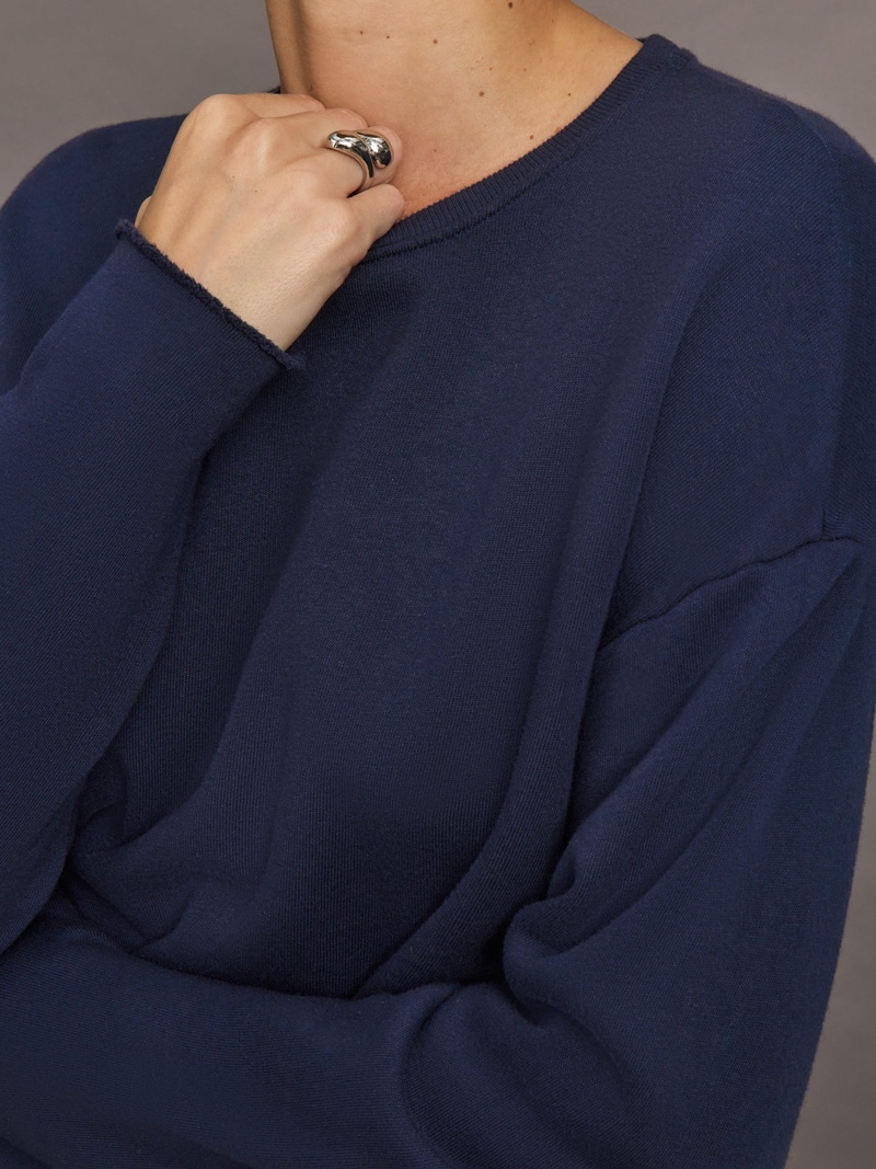 Crew Neck Sweatshirt in French Terry, Navy Blazer