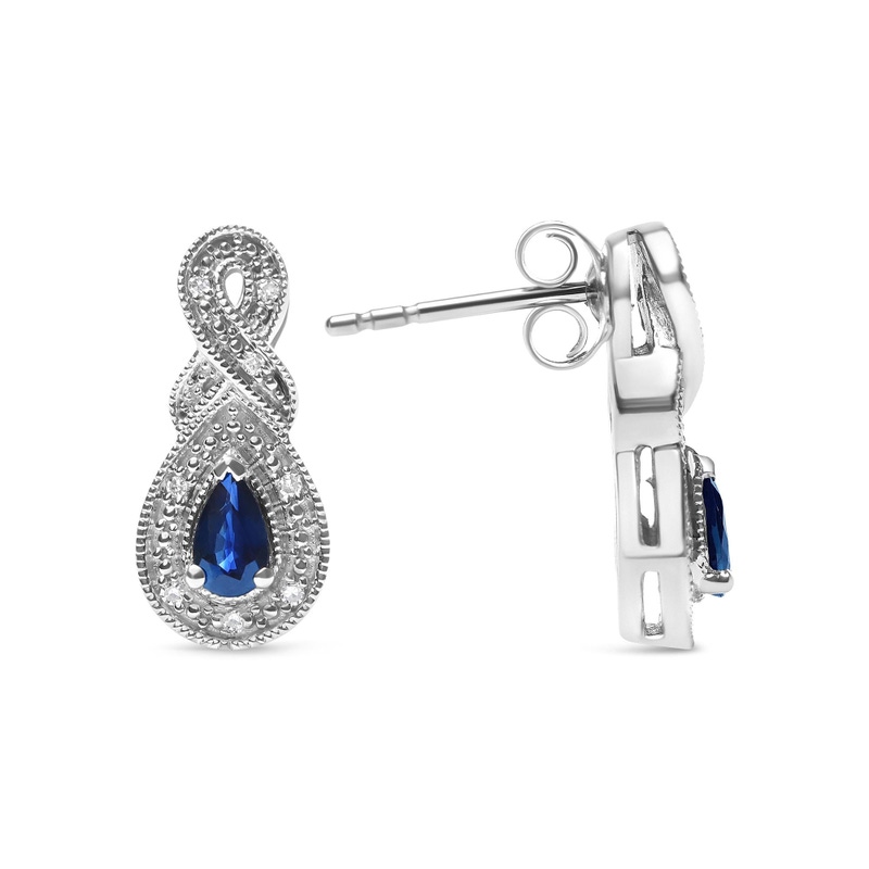 925 Sterling Silver Pear Sapphire Gemstone & Diamond Accent Infinity Drop Stud Earrings