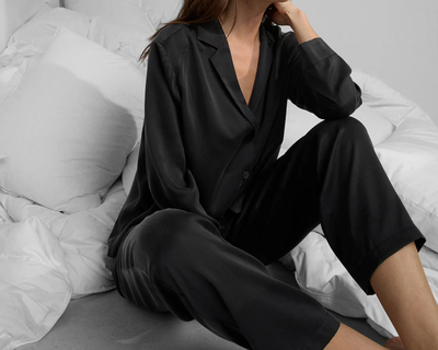 Washable Silk Long Sleeve Pant Set, Immersed Black