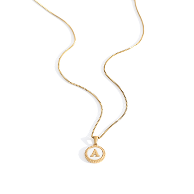 Mother of Pearl Disc Letter Necklace with Box Chain