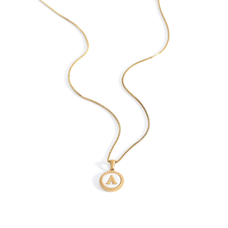 Mother of Pearl Disc Letter Necklace with Box Chain