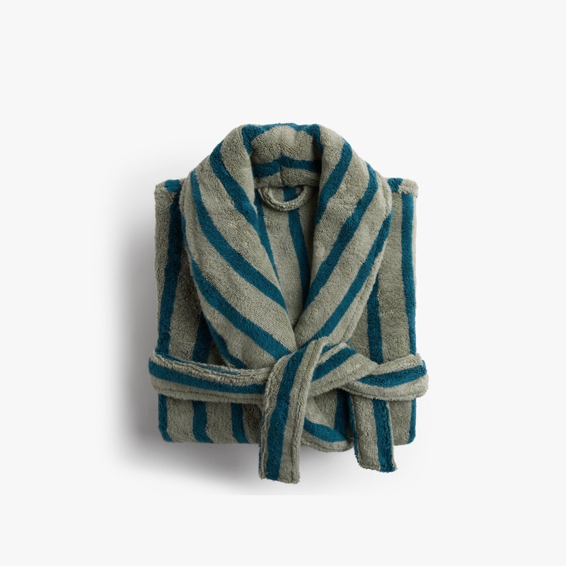 Terry Stripe Robe, Moss and Peacock
