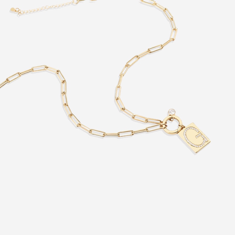 Gold Pave Initial Pendant Necklace with Paperclip Chain