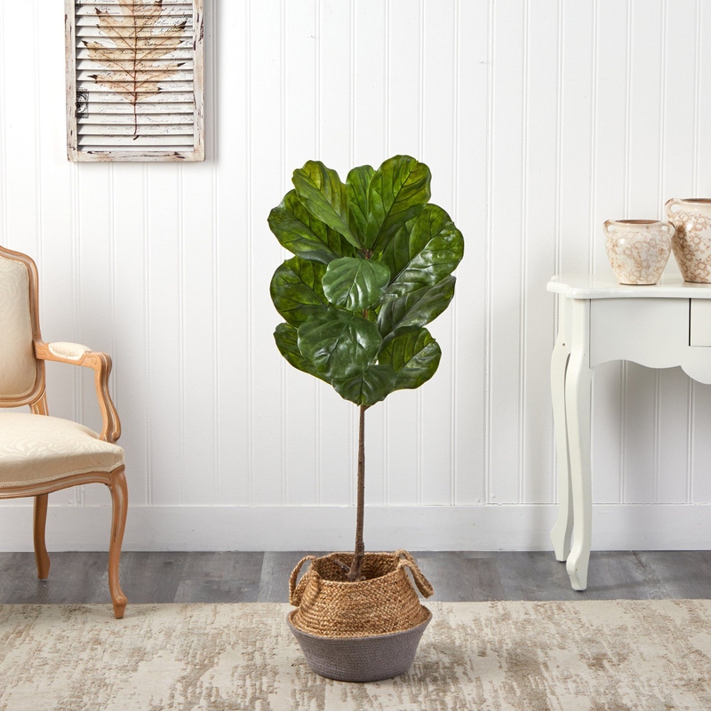 4' Artificial Fiddle Leaf Tree in Boho Chic Handmade Cotton & Jute Woven Planter Basket