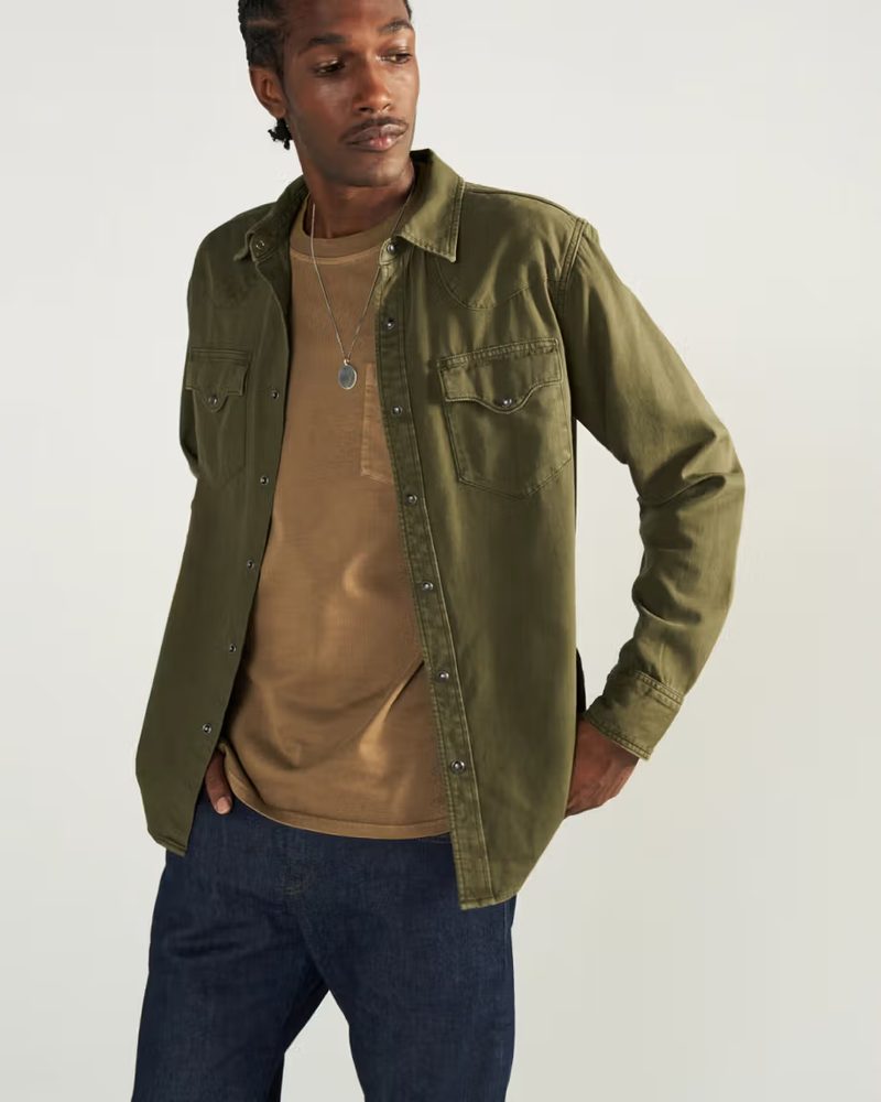 Men's Denim Long Sleeve Pearl Snap Shirt, Dark Olive