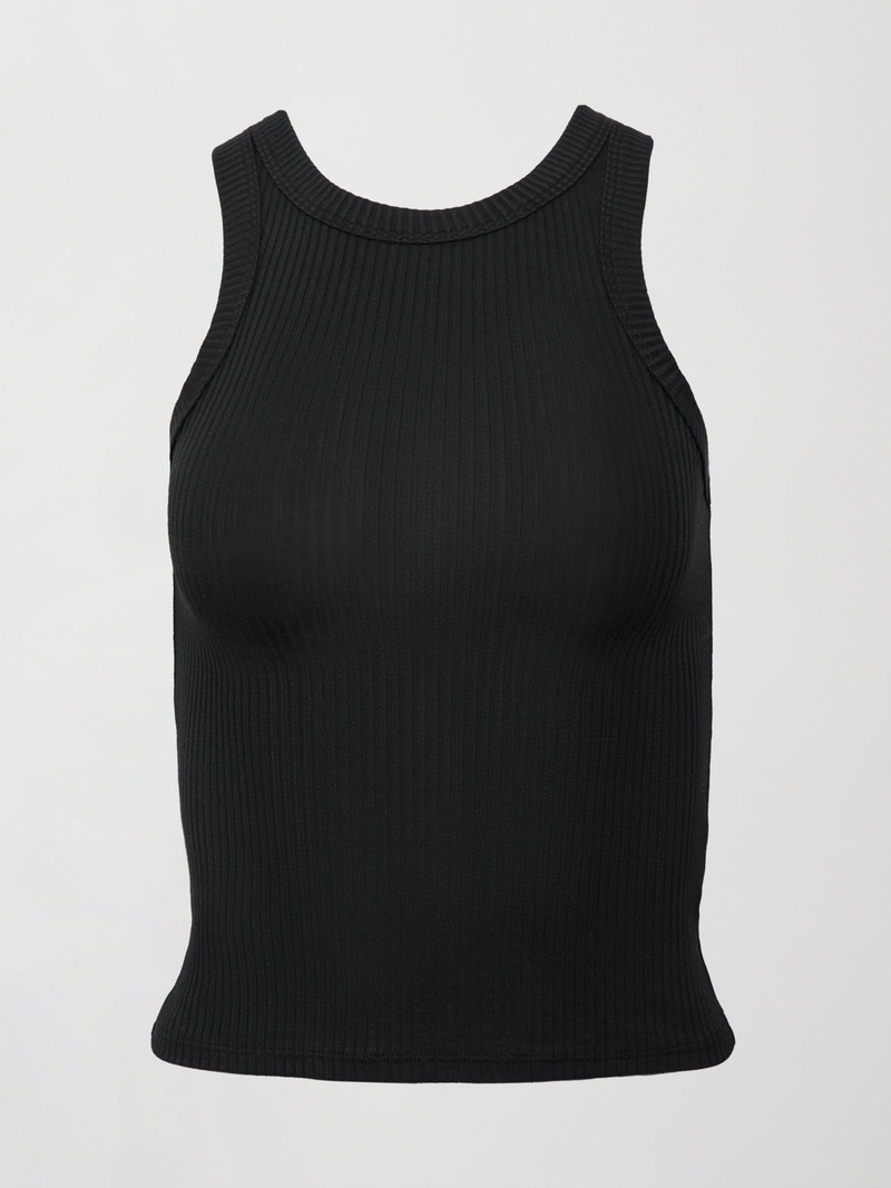 High Neck Fitted Tank in Ribbed Jersey, Black
