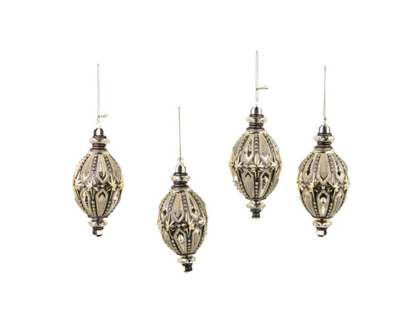 Courtly Noel Teardrop Glass Ornaments, Set of 4