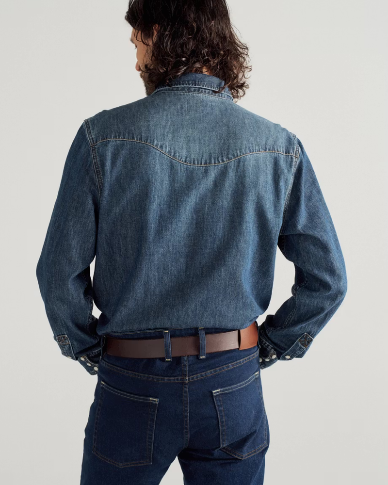 Men's Denim Long Sleeve Pearl Snap Shirt, Dark Wash