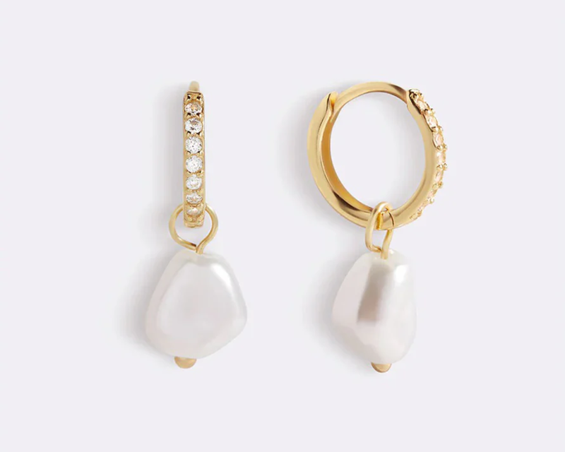Freshwater Pearl Drop Pave Huggie Earrings