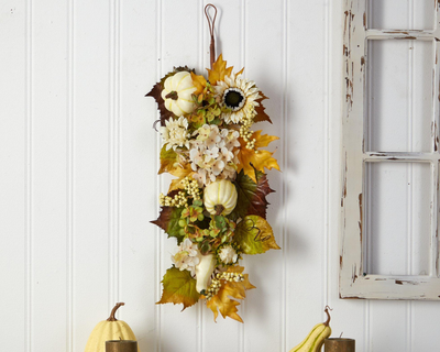 33” Fall Sunflower, Hydrangea and White Pumpkin Artificial Autumn Teardrop