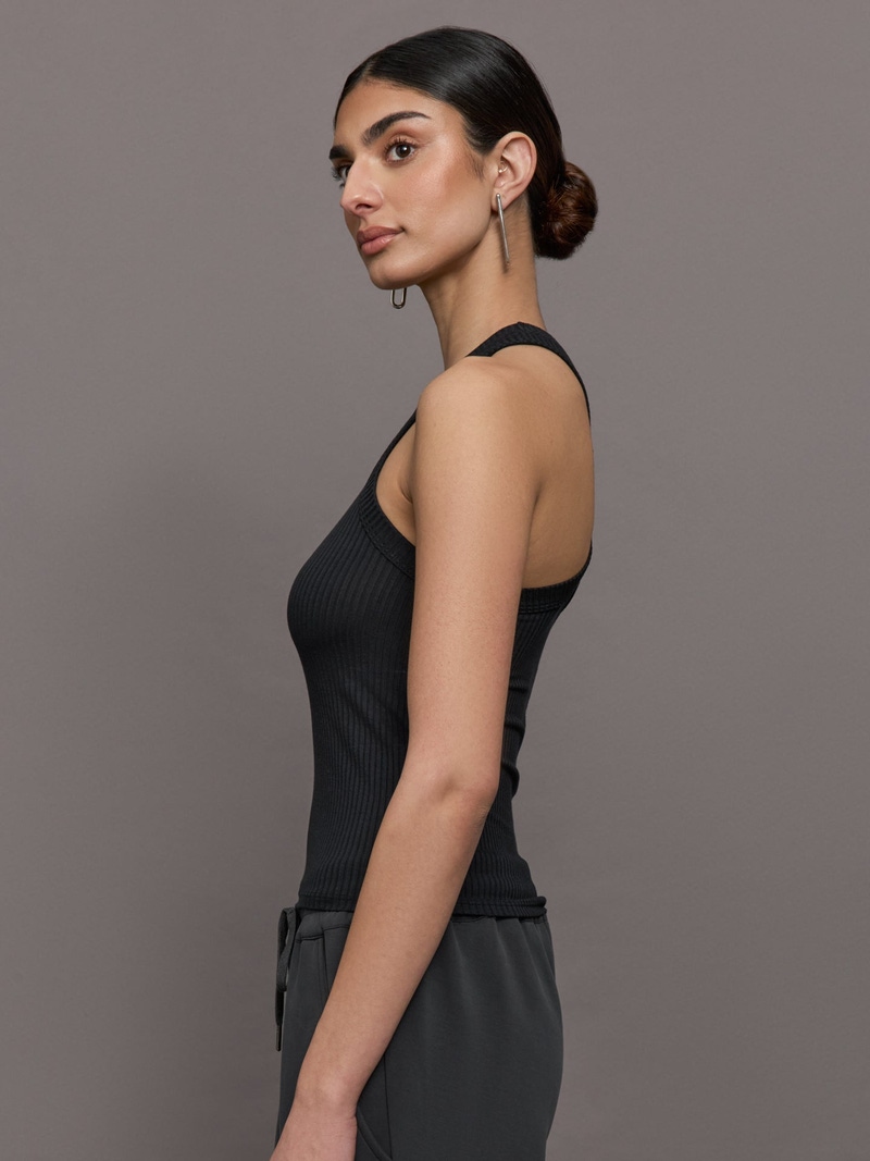 High Neck Fitted Tank in Ribbed Jersey, Black