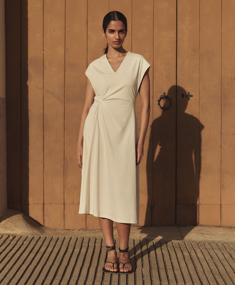Women's Organic Fit & Flare V-Neck Twist Dress, Vanilla