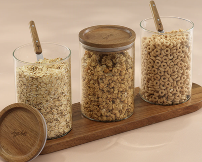 32oz Stackable Glass Storage Canister Set with Wood Lids and Tray