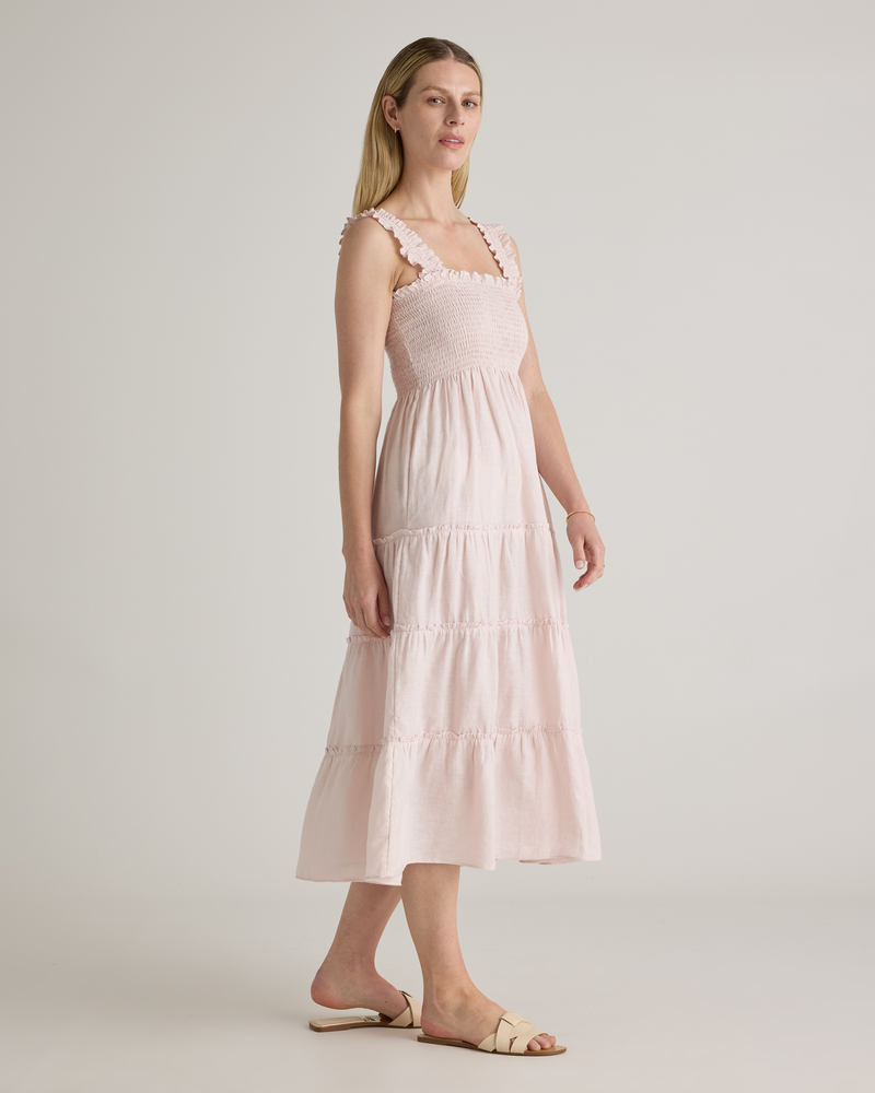 100% European Linen Smocked Midi Dress